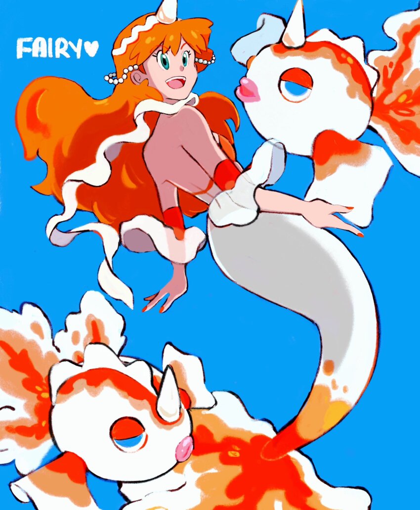 1girl asymmetrical_hair bare_shoulders bikini blush breasts cosplay cowboy_shot female_focus gen_1_pokemon goldeen goldeen_(cosplay) green_eyes hair_ornament highres horsea jewelry legs long_hair looking_at_viewer mermaid mermaid_costume mermaid_misty_(pokemon) misty_(pokemon) monster_girl navel necklace nintendo open_mouth orange_hair pokemon pokemon_(anime) pokemon_(classic_anime) red_hair seashell shell shell_bikini shirt short_hair shorts side_ponytail simple_background small_breasts solo swimsuit thighs underwater water