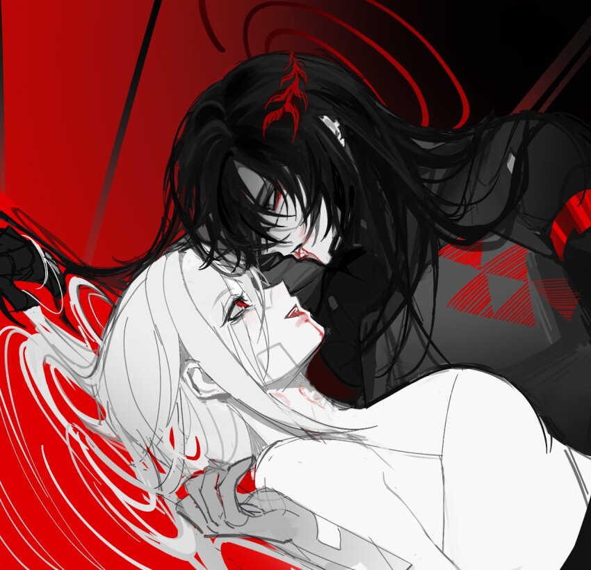 2girls android ariane_yeong black_hair blood blood_from_mouth commentary english_commentary eve_(everotten) falke_(signalis) girl_on_top hair_spread_out halo highres laurel_crown long_hair lying metal_skin multiple_girls on_back open_mouth red_eyes robot_girl signalis smile yuri