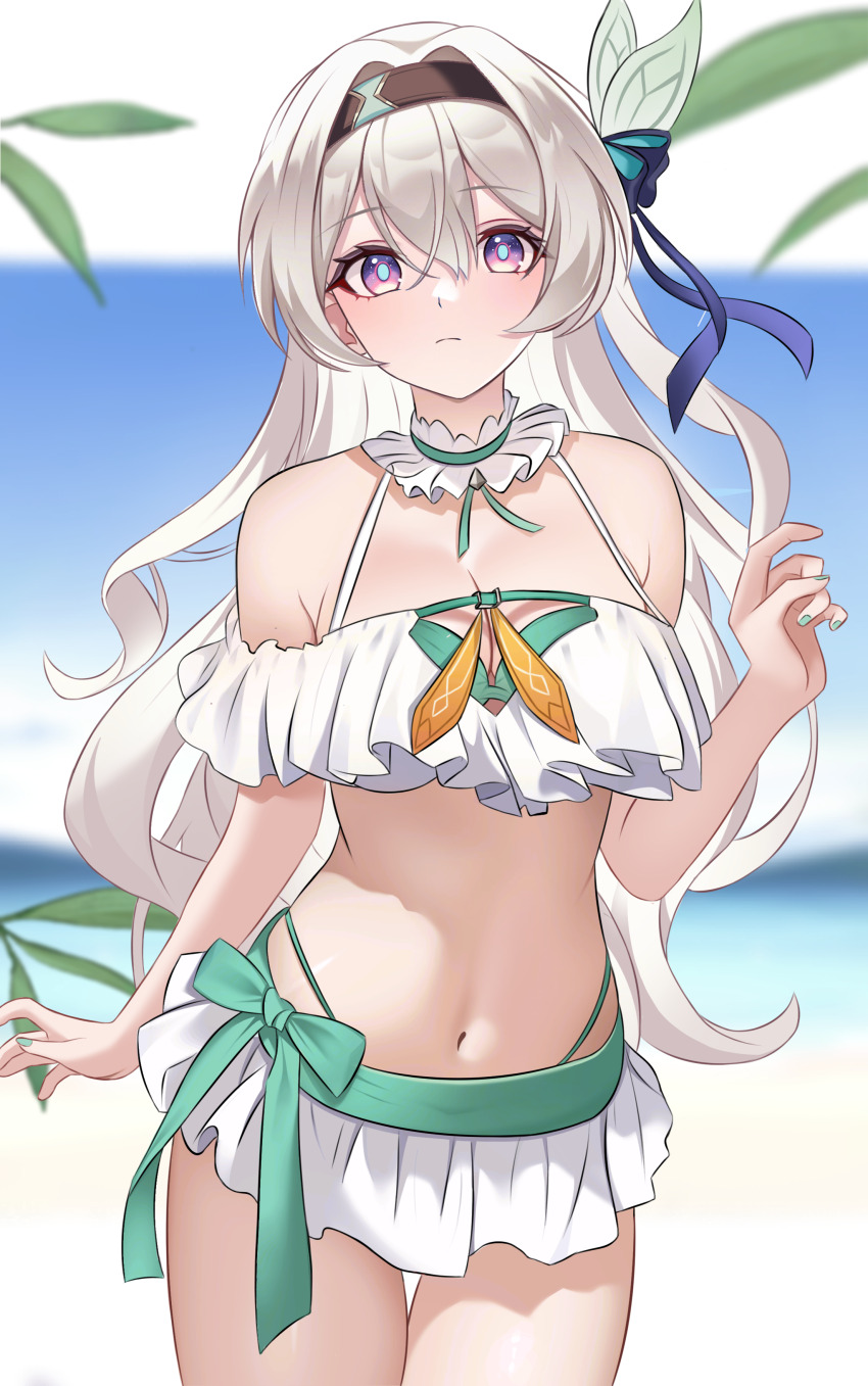 1girl absurdres bikini black_hairband blue_nails blue_pupils choker commentary firefly_(honkai:_star_rail) frilled_bikini frilled_choker frills grey_hair hairband hand_up highres honkai:_star_rail honkai_(series) kenomotsu_yukuwa long_hair looking_at_viewer nail_polish navel purple_eyes solo stomach swimsuit white_bikini