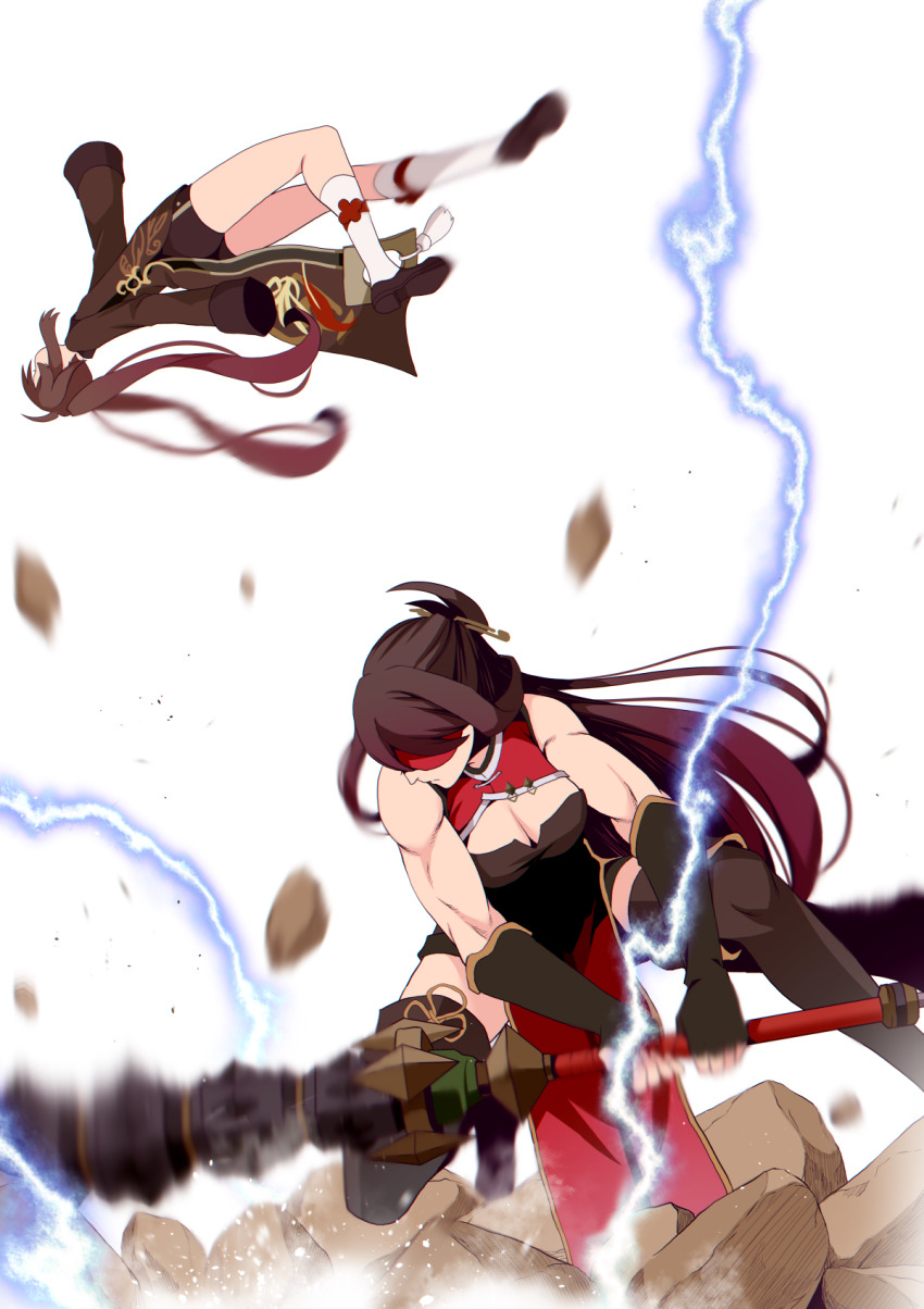 2girls angry beidou_(genshin_impact) black_hair breasts brown_hair chinese_clothes cleavage closed_eyes club_(weapon) commentary_request debate_club_(genshin_impact) eyepatch fighting genshin_impact hair_between_eyes hair_ornament hair_over_one_eye hairpin hat highres holding holding_club holding_weapon hu_tao_(genshin_impact) lightning long_hair long_sleeves looking_at_another medium_breasts multiple_girls muscular muscular_female porkpie_hat sidelocks simple_background slapping_breasts sleeveless thrown twintails weapon white_background yasehattagi
