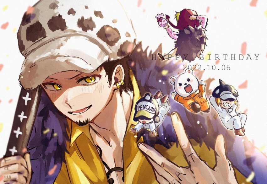 5boys beard bepo_(one_piece) black_hair blue_cape blush cape chest_tattoo chibi commentary_request dated donquixote_rocinante earrings facial_hair goatee hand_tattoo happy_birthday hat heart heart_print highres holding holding_sword holding_weapon hood jewelry jumpsuit lairu0528 looking_at_viewer male_focus multiple_boys one_piece orange_jumpsuit penguin_(one_piece) pink_shirt shachi_(one_piece) shirt smile sword tattoo trafalgar_law weapon white_jumpsuit yellow_eyes yellow_shirt