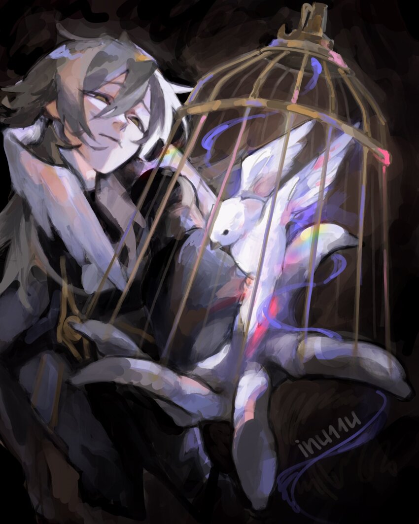 1boy angel_wings beckoning bird birdcage blank_stare cage commentary dark dark_persona dove feathered_wings flying foreshortening from_below grey_hair hair_between_eyes head_wings highres holding honkai:_star_rail honkai_(series) inu11u long_hair looking_down male_focus raised_inner_eyebrows solo standing sunday_(honkai:_star_rail) swirl twitter_username white_wings wings yellow_eyes