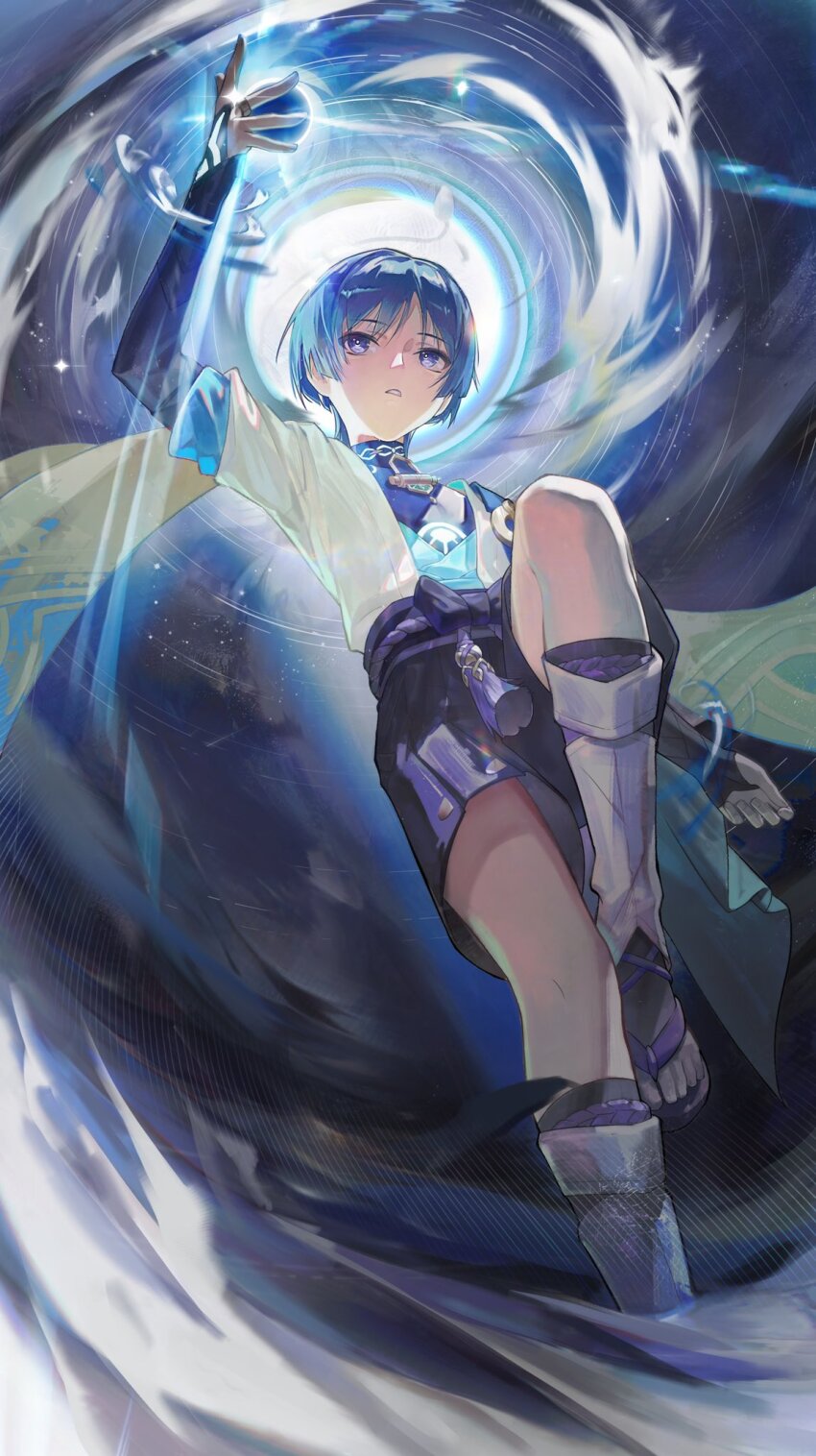 1boy arm_at_side arm_up armor belt black_belt black_bow black_bridal_gauntlets black_leggings black_sandals blue_bodysuit blue_cape blue_hair blue_kimono blue_sleeves blunt_ends bodysuit bow bridal_gauntlets bright_pupils cape constricted_pupils eyeliner eyeshadow fingernails genshin_impact glowing_markings gold halo halo_behind_head highres japanese_armor japanese_clothes juban kimono knee_up kote kurokote layered_kimono layered_sleeves leg_warmers leggings looking_at_hand looking_up makeup male_focus open_clothes open_hand open_kimono open_mouth purple_eyes purple_rope purple_sash red_eyeliner red_eyeshadow rope sandals sash scaramouche_(genshin_impact) short_sleeves solo tassel toes turtleneck turtleneck_bodysuit vortex wanderer_(genshin_impact) white_halo white_kimono white_leg_warmers white_mouth white_pupils white_sleeves wind wispy_bangs yulin_tian zouri