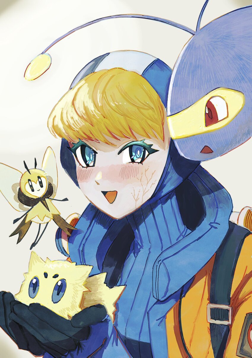 5436772h apex_legends blonde_hair blue_bodysuit blue_eyes blush bodysuit burn_scar creature gen_2_pokemon gen_5_pokemon gen_7_pokemon gloves highres holding holding_creature hood jacket joltik lanturn lichtenberg_figure nintendo orange_jacket pokemon pokemon_(creature) ribbed_bodysuit ribombee scar scar_on_face wattson_(apex_legends)