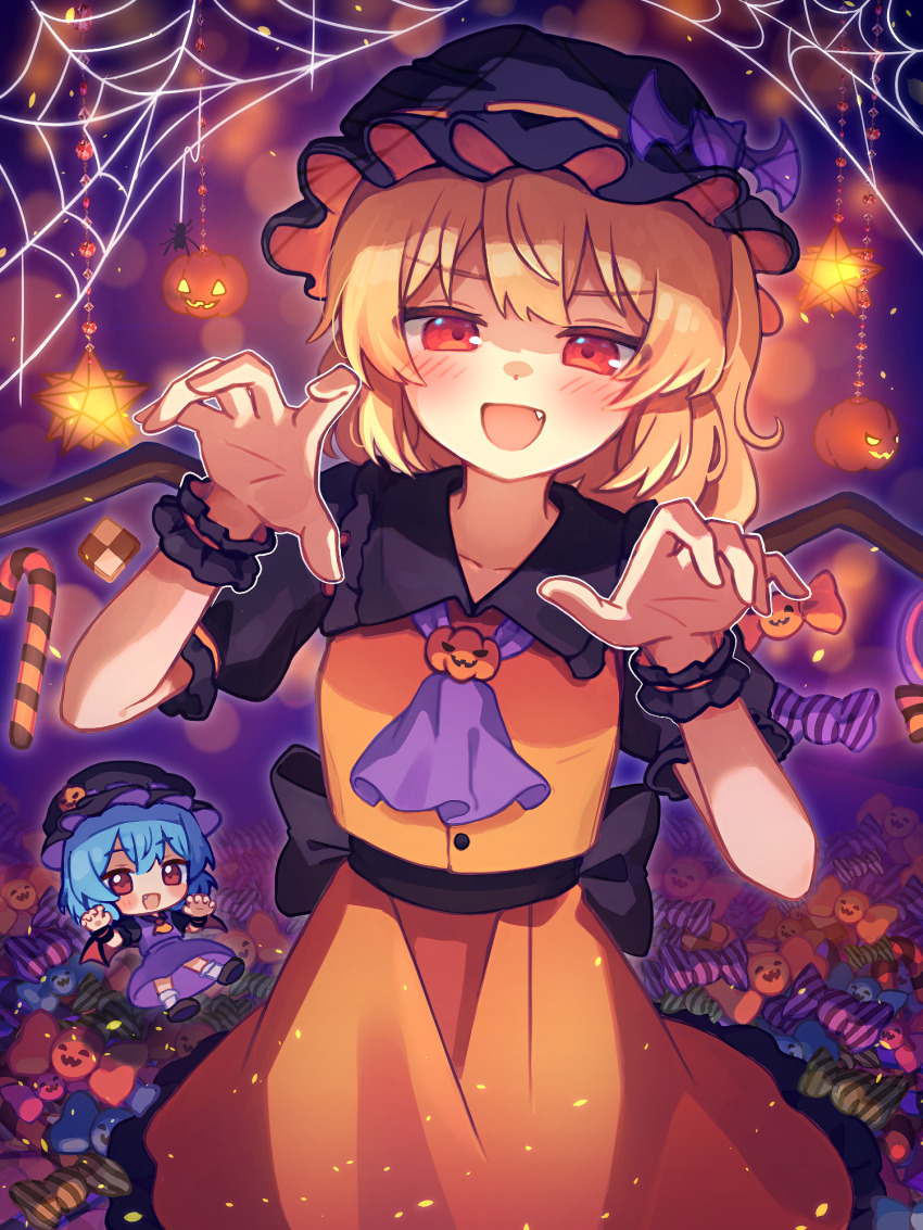 2girls alternate_color alternate_headwear_color ascot bat_hat_ornament bat_ornament bat_wings black_hat black_shirt blonde_hair blue_hair blush bug candy candy_cane claw_pose commentary_request cookie crystal fang flandre_scarlet food halloween halloween_costume hat highres jack-o&#039;-lantern jack-o&#039;-lantern_hat_ornament long_hair looking_at_viewer mini_person minigirl mob_cap multicolored_wings multiple_girls nene_man open_mouth orange_skirt orange_vest puffy_short_sleeves puffy_sleeves purple_ascot purple_shirt purple_skirt red_eyes remilia_scarlet shirt short_sleeves siblings silk sisters skirt skirt_set smile spider spider_web touhou vest wings wrist_cuffs