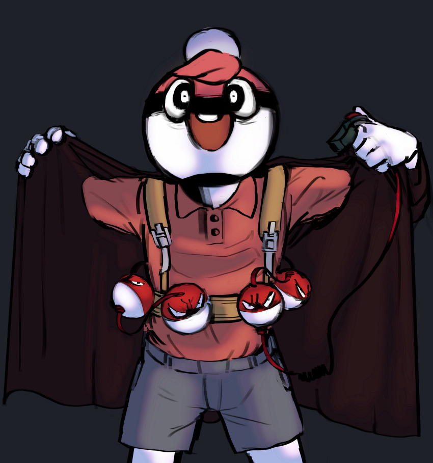 1boy absurdres ball_guy buttons coat collared_shirt cowboy_shot detonator drawfag gen_1_pokemon grey_background highres male_focus mascot_costume nintendo open_clothes open_coat pokemon pokemon_(creature) pokemon_swsh red_shirt shirt shorts standing suicide_bomb terrorism voltorb