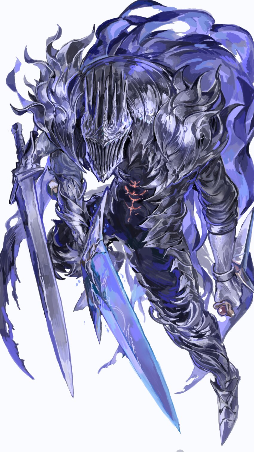 1other absurdres armor cape elden_ring elden_ring_nightreign extra_arms full_armor gauntlets helmet heolstor_the_nightlord highres holding holding_sword holding_weapon nameno92372763 purple_cape shoulder_armor simple_background sword triple_wielding upper_body weapon white_background