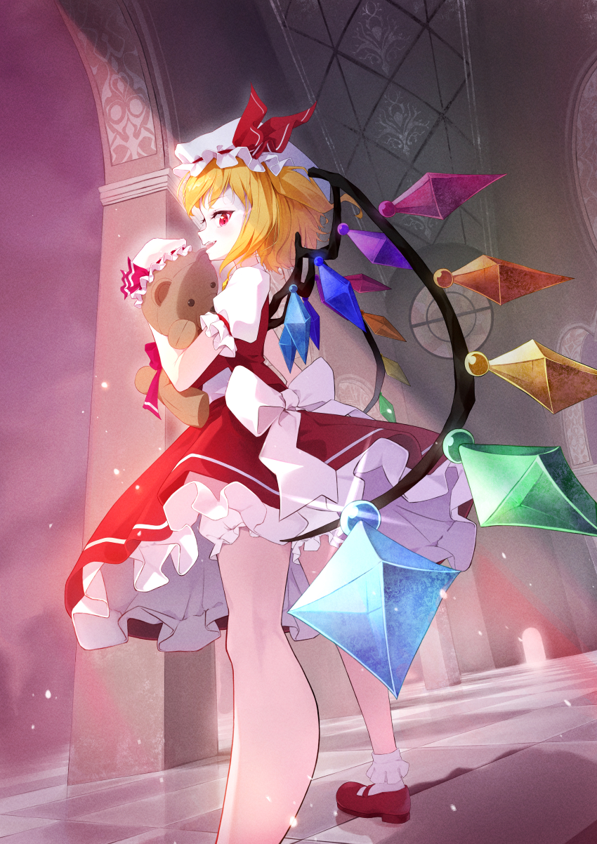 1girl absurdres ascot blonde_hair crystal crystal_wings dress flandre_scarlet frills from_behind full_body hat hat_ribbon highres looking_at_viewer looking_back mary_janes mob_cap puffy_short_sleeves puffy_sleeves red_eyes red_skirt ribbon shirt shoes short_hair short_sleeves side_ponytail skirt skirt_set smile solo standing stuffed_animal stuffed_toy teddy_bear to9643 touhou wings