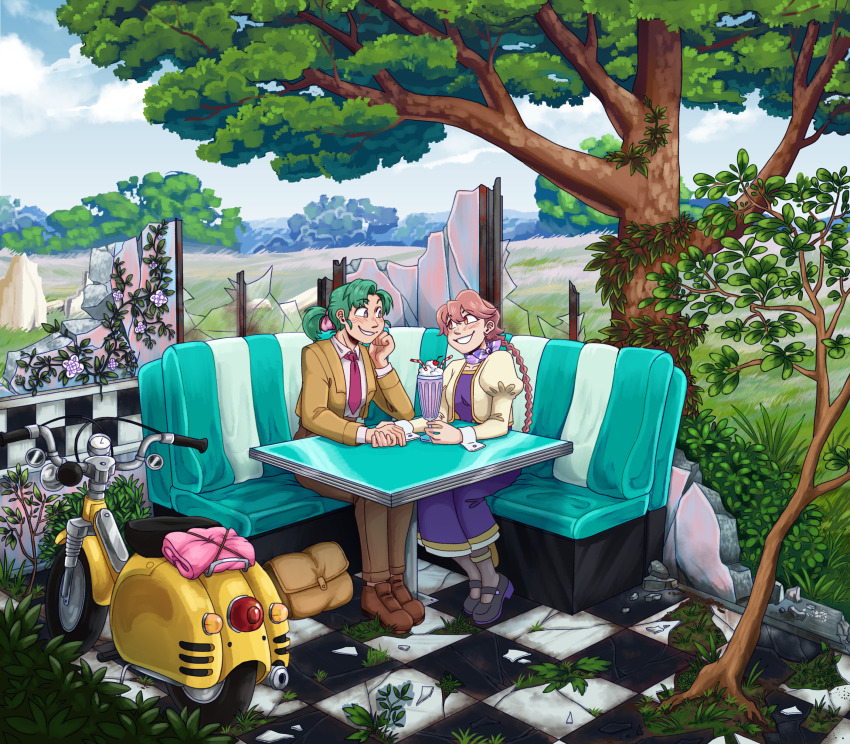 2girls absurdres apocalypse_hotel ascot blush braid broken_glass broken_window brown_jacket brown_pants brown_shoes cherry cloud cloudy_sky commentary commission cropped_jacket crossover day diner dress drinking_straw english_commentary flower food fruit full_body glass grass green_hair hatsuseno_alpha highres holding_hands jacket kaereth long_hair looking_at_another mary_janes milkshake motor_vehicle multiple_girls necktie overgrown pants pink_flower pink_hair ponytail post-apocalypse purple_dress red_necktie ruins scooter shared_drink shirt shoes short_hair short_ponytail sky smile table tile_floor tiles tree twin_braids white_shirt yachiyo_(apocalypse_hotel) yellow_jacket yokohama_kaidashi_kikou yuri