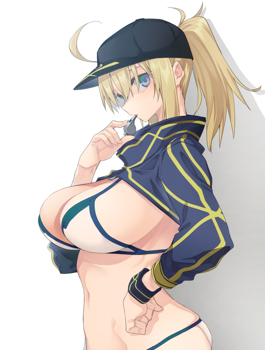 10mo 1girl ahoge artoria_pendragon_(fate) baseball_cap bikini blonde_hair blue_eyes blue_hat blue_jacket blush breasts cleavage cropped_jacket fate/grand_order fate_(series) hair_between_eyes hair_through_headwear hat highres jacket large_breasts long_hair long_sleeves looking_at_viewer mysterious_heroine_x_(fate) mysterious_heroine_xx_(fate) navel ponytail shrug_(clothing) sidelocks solo swimsuit whistle white_bikini wristband