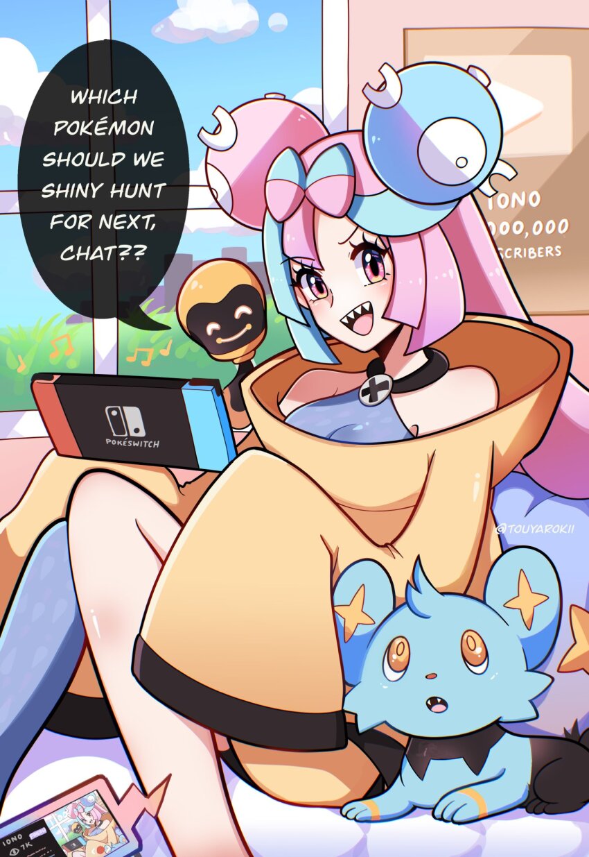 1girl aqua_hair blue_eyes breasts cleavage english_text game_console gen_4_pokemon hair_ornament highres iono_(pokemon) long_hair medium_breasts multicolored_hair nintendo nintendo_switch open_mouth pink_hair pokemon pokemon_(creature) pokemon_sv rotom rotom_phone shinx smile solo tadbulb touyarokii twitter_username