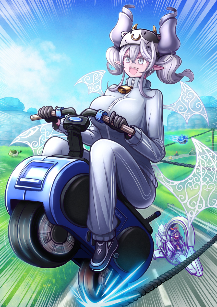 1boy 2girls afterimage akisame_rizu armor black_gloves blonde_hair blue_eyes breasts commentary_request crossover d-wheel demon_girl demon_horns demon_wings drill_hair duel_monster expressionless gloves grey_eyes grey_hair grey_jacket grey_pants helmet highres horns jacket kirby kirby_(series) kirby_air_ride kirby_air_riders knight_(yu-gi-oh!) large_breasts lovely_labrynth_of_the_silver_castle low_wings mario mario_(series) mario_kart mario_kart_world miniskirt monowheel moo_moo_(mario) motor_vehicle motorcycle multiple_girls multiple_wings nintendo official_alternate_costume open_mouth outdoors pants pointy_ears riding skirt smile solo_focus teeth track_jacket track_suit transparent_wings twin_drills upper_teeth_only warp_star wings yu-gi-oh! yu-gi-oh!_5d&#039;s