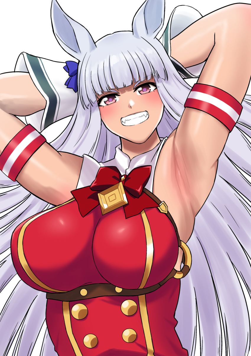 1girl animal_ears armband armpits arms_up bare_shoulders blunt_bangs blush bow breasts buttons commentary_request double-breasted dress ear_bow gloves gold_ship_(umamusume) grin hakase_yurisuki highres hime_cut horse_ears horse_girl large_breasts long_hair looking_at_viewer no_headwear purple_bow purple_eyes red_dress simple_background sleeveless sleeveless_dress smile solo umamusume upper_body white_background white_gloves