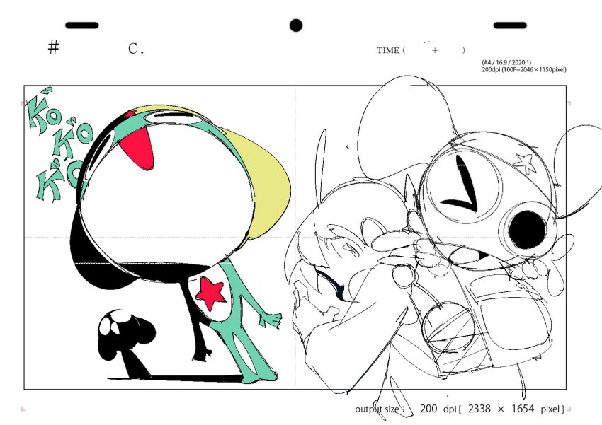 3boys alien backpack bag commentary_request dual_persona english_text frog hat highres hinata_fuyuki jacket kero_ball keroro keroro_gunsou long_sleeves looking_at_viewer multiple_boys one_eye_closed open_mouth pocket pointing print_hat profile shadow star_(symbol) star_print tongue yellow_hat yooto40010