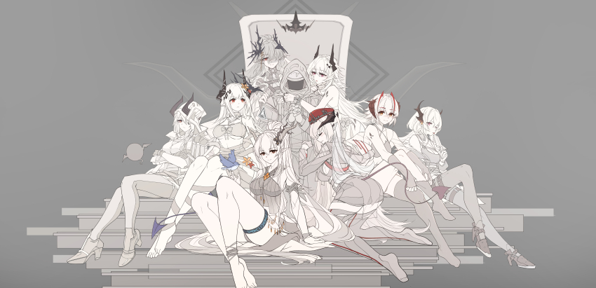 1other 6+girls absurdres arknights breasts character_request cleavage crown demon_girl demon_horns demon_tail doctor_(arknights) floating_crown food harem highres holding holding_food holding_popsicle horns hug jdhlfire logos_mother_(arknights) material_growth medium_breasts mudrock_(arknights) mudrock_(silent_night)_(arknights) multiple_girls oripathy_lesion_(arknights) pimp popsicle shining_(arknights) shining_(silent_night)_(arknights) sitting surtr_(arknights) tail theresa_(arknights) throne throne_room ulsulah_(arknights) w_(arknights)