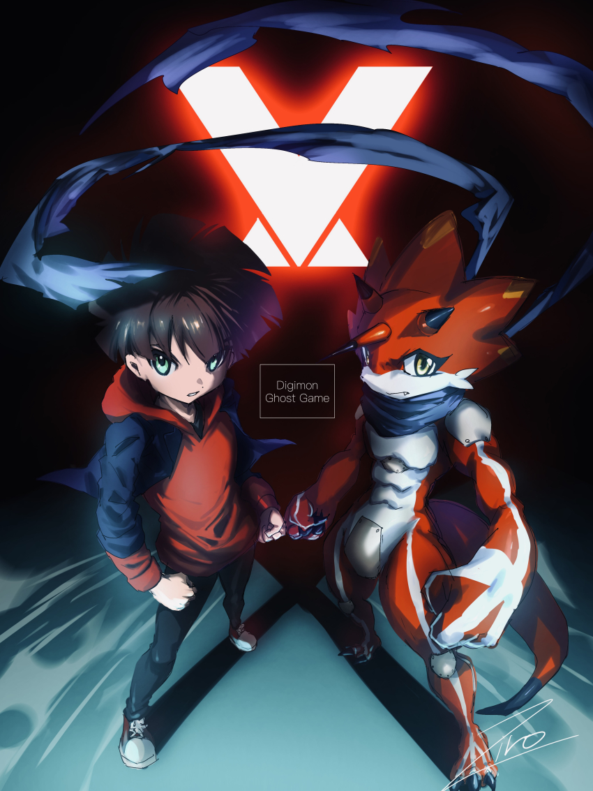 2boys absurdres amanokawa_hiro betelgammamon black_background blue_jacket blue_scarf clenched_hands colored_skin crotch_plate digimon digimon_(creature) digimon_ghost_game dragon green_eyes highres hood hoodie horns jacket male_focus multiple_boys red_hoodie red_skin scarf simple_background standing symmetry yellow_eyes ziro_illust