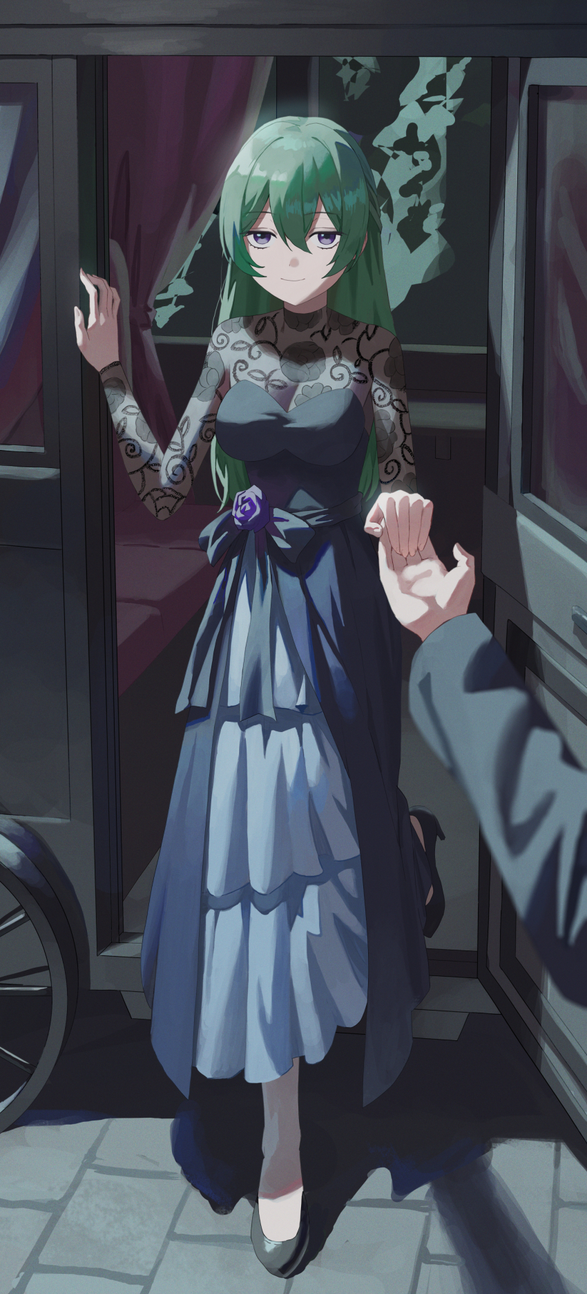 1boy 1girl absurdres alternate_costume alternate_hairstyle black_dress black_footwear black_sash breasts carriage cleavage closed_mouth commentary dress dress_flower flower full_body green_hair hair_between_eyes hair_down high_heels highres holding_hands lace_dress lace_sleeves large_breasts layered_dress llami_0 long_hair long_sleeves looking_at_viewer pavement pov pov_hands pumps purple_eyes sash sett smile sousou_no_frieren ubel_(sousou_no_frieren) waist_sash