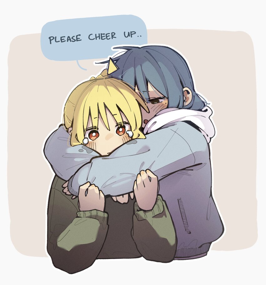 2girls absurdres ahoge blonde_hair blue_coat blue_hair bocchi_the_rock! coat comforting crying crying_with_eyes_open detached_ahoge english_text green_sweater highres hood hooded_coat hug ijichi_nijika long_hair long_sleeves machuuu68 medium_hair mole mole_under_eye multiple_girls open_mouth red_eyes simple_background sweater tears upper_body yamada_ryo yellow_eyes yuri