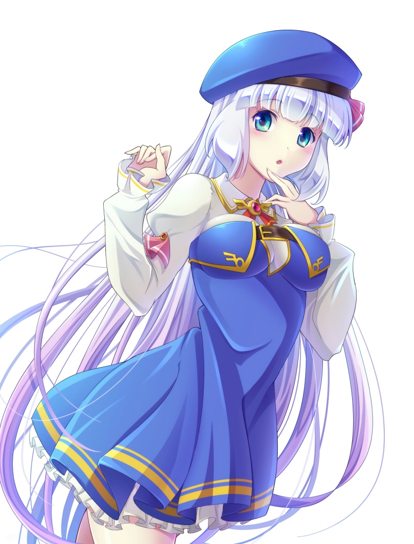 1girl :o beret blue_dress blue_hat blush breasts collared_shirt dress gradient_hair green_eyes gundam gundam_exa hat highres looking_at_viewer medium_breasts miqant multicolored_hair purple_hair shirt silver_hair solo sthesia_awar white_shirt