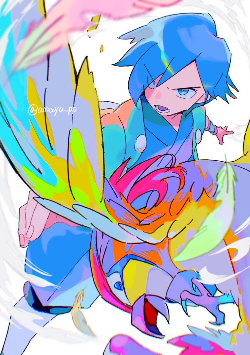 1boy amaya_uw blue_eyes blue_hair blue_kimono bright_pupils colorful commentary falkner_(pokemon) gen_1_pokemon haori highres jacket japanese_clothes kimono kneehighs lower_teeth_only male_focus nintendo open_clothes open_jacket open_mouth pidgeotto pokemon pokemon_(creature) pokemon_hgss short_hair socks teeth twitter_username watermark white_background white_pupils wristband
