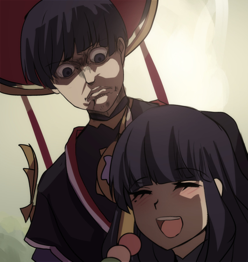 1boy 1girl :d ^_^ angry blush closed_eyes closed_mouth genshin_impact hinghoi looking_at_another looking_down mole mole_under_eye open_mouth parody raiden_shogun scaramouche_(genshin_impact) shingeki_no_kyojin short_hair smile yelena_(shingeki_no_kyojin)