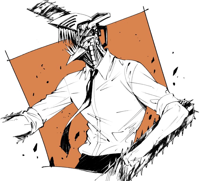 1boy chainsaw chainsaw_man commentary_request denji_(chainsaw_man) dust greyscale_with_colored_background highres male_focus mechanical_head necktie open_mouth orange_background rami_rz sharp_teeth solo teeth thai_commentary upper_body wing_collar