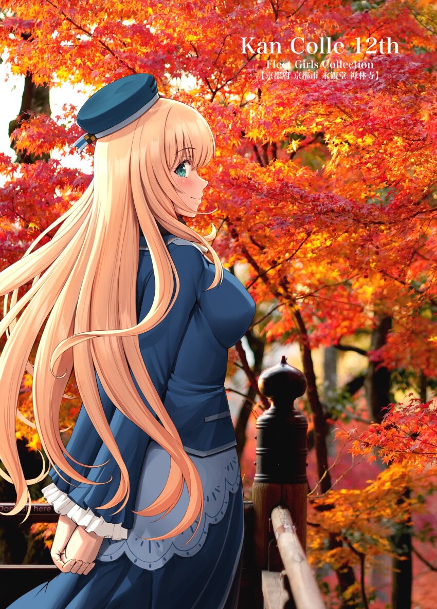1girl atago_(kancolle) autumn autumn_leaves beret black_pantyhose blonde_hair blue_hat blush breasts day falling_leaves forest green_eyes hat highres ichikawa_feesu kantai_collection large_breasts leaf long_hair looking_back military military_uniform nature outdoors pantyhose smile solo tree