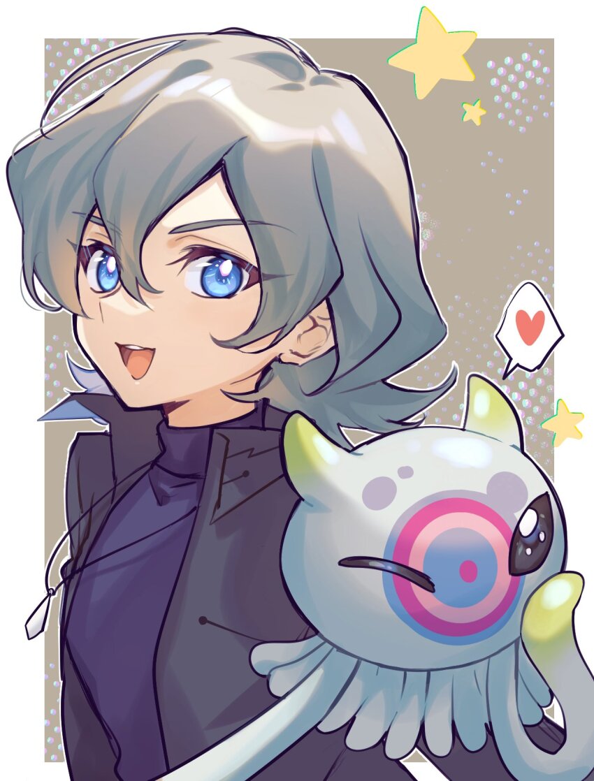 1boy black_jacket blue_eyes border brown_background digimon digimon_(creature) digimon_ghost_game grey_hair heart higashimitarai_kiyoshiro highres jacket jellyfish jellymon jewelry medium_hair one_eye_closed pendant pentacle_dark simple_background slime_(substance) spoken_heart star_(symbol) upper_body white_border
