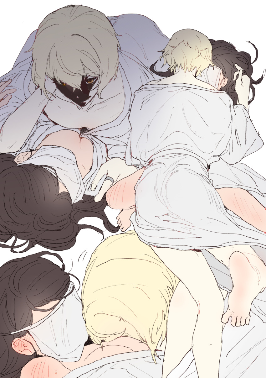 1boy 1girl absurdres blonde_hair brown_hair dal-gi faceless faceless_female head_on_chest hetero higekiri_(touken_ranbu) highres long_hair multiple_views orange_eyes saniwa_(touken_ranbu) shaded_face short_hair simple_background touken_ranbu white_background