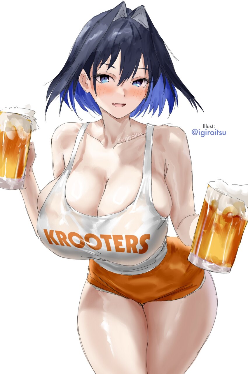 1girl :d beer_mug blue_eyes blue_hair breasts cleavage crop_top cup curvy hair_intakes highres holding holding_cup hololive hololive_english hooters huge_breasts igiroitsu looking_at_viewer mug open_mouth orange_shorts ouro_kronii short_hair shorts smile tank_top thighs virtual_youtuber white_tank_top