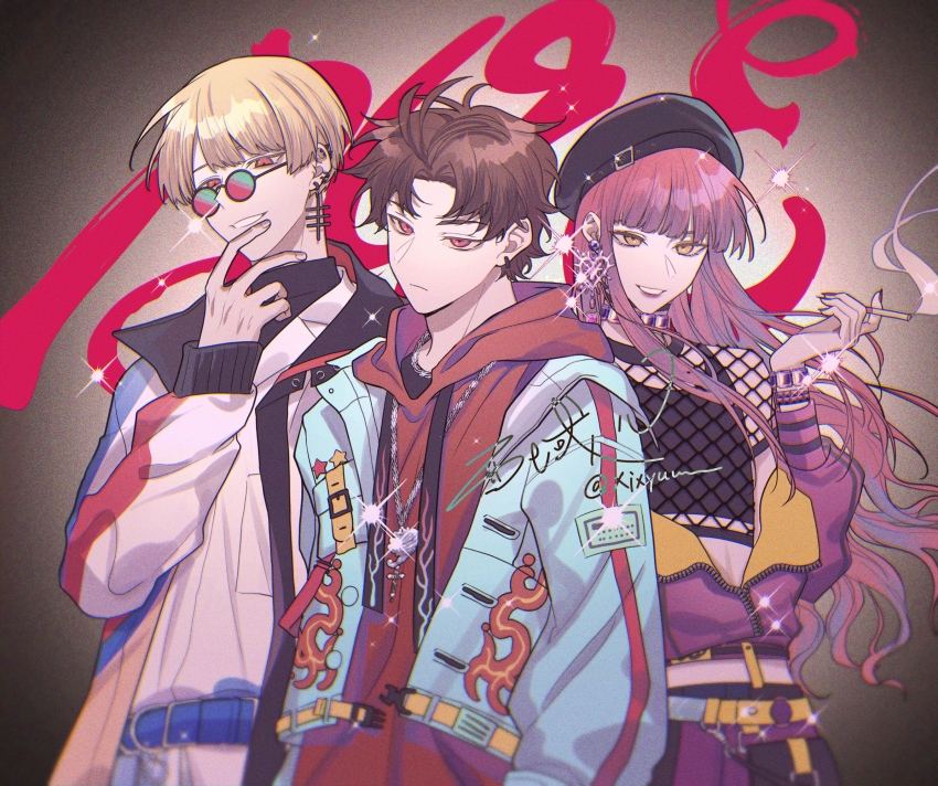 1girl 2boys anne_faulkner bae_(paradox_live) belt beret blonde_hair blue_jacket blunt_bangs brown_hair cigarette ear_piercing earrings fishnets hair_behind_ear hat highres holding holding_cigarette hood hoodie jacket jewelry long_hair long_sleeves looking_at_viewer multiple_boys necklace pants paradox_live piercing pink_hair red_eyes red_hoodie red_jacket short_hair smile smoke smoking sugasano_allen sunglasses sweater xi_yuu yellow_eyes yeon_hajun