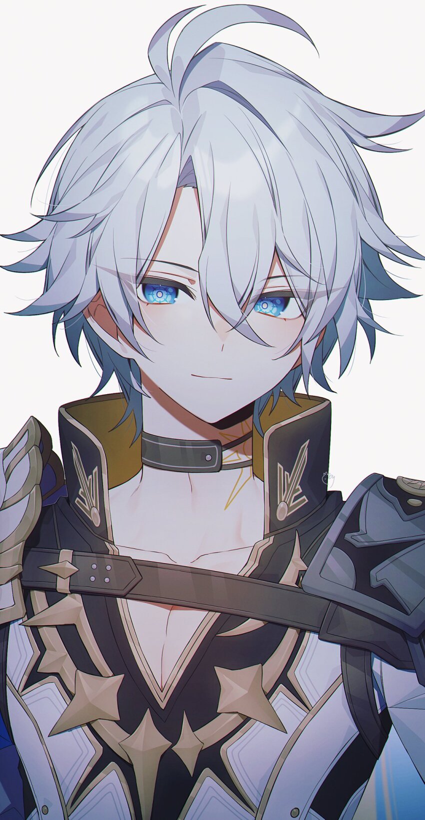 1boy antenna_hair armor black_choker black_shirt blue_cape blue_eyes cape choker coat collarbone collared_shirt commentary coojisan english_commentary hair_between_eyes highres honkai:_star_rail honkai_(series) looking_at_viewer male_focus pauldrons phainon_(honkai:_star_rail) shirt short_hair shoulder_armor simple_background single_pauldron solo sun_symbol sun_tattoo tan upper_body white_background white_coat white_hair