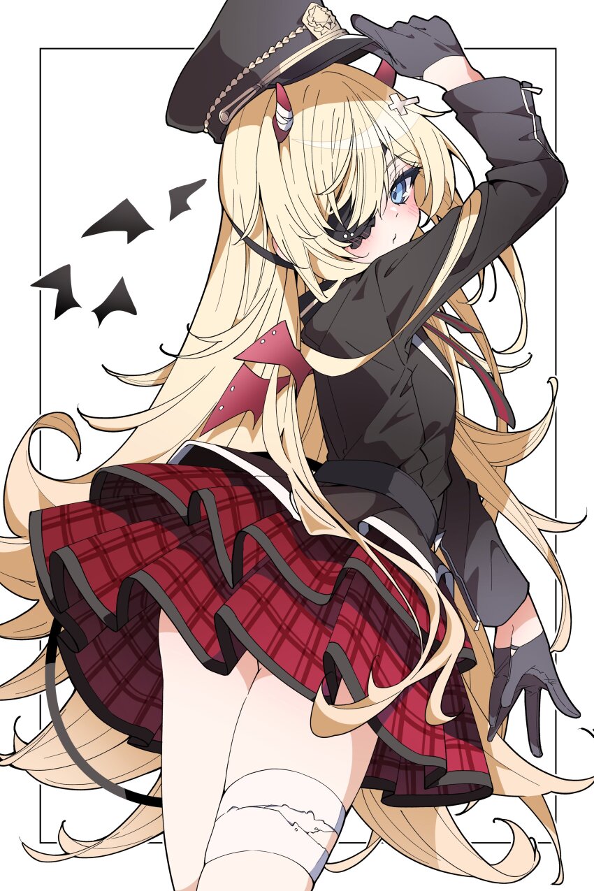 1girl absurdres ass black_gloves black_jacket blonde_hair blue_eyes checkered_clothes checkered_skirt eyepatch gloves goddess_of_victory:_nikke guillotine_(nikke) hat highres jacket looking_at_viewer looking_back military_hat one_eye_covered red_skirt skirt solo thighs tu_pa_pa_pa