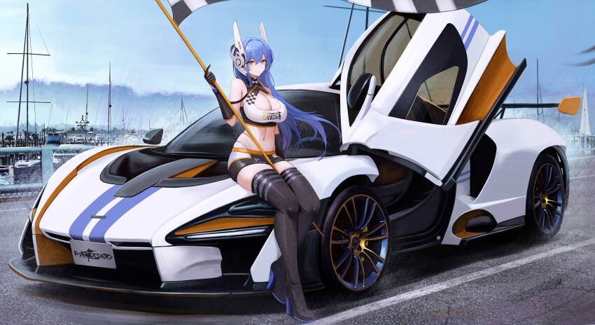 1girl absurdres armpit_crease bare_shoulders between_legs black_boots black_gloves black_shorts black_thighhighs blue_hair boots breasts car checkered_flag cleavage cleavage_cutout closed_mouth clothing_cutout commission crop_top flag girls&#039;_frontline gloves headphones high_heel_boots high_heels highleg highres holding holding_flag kcar66t large_breasts long_hair looking_at_viewer midriff motor_vehicle navel panty_straps pixiv_commission race_queen scissor_doors shirt short_shorts shorts sitting sleeveless sleeveless_shirt smile solo sports_car stomach tar-21_(girls&#039;_frontline) thigh_boots thighhighs thighs vehicle_request very_long_hair white_shirt yellow_eyes