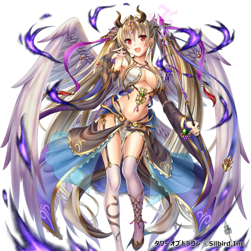 1girl absurdres blonde_hair blush breasts bridal_gauntlets cleavage detached_sleeves earrings feathered_wings female_focus garter_straps highres horns jewelry large_breasts long_hair looking_at_viewer navel original red_eyes simple_background solo staff thighhighs tower_of_dragon twintails underboob very_long_hair violetshit white_background white_thighhighs white_wings wings
