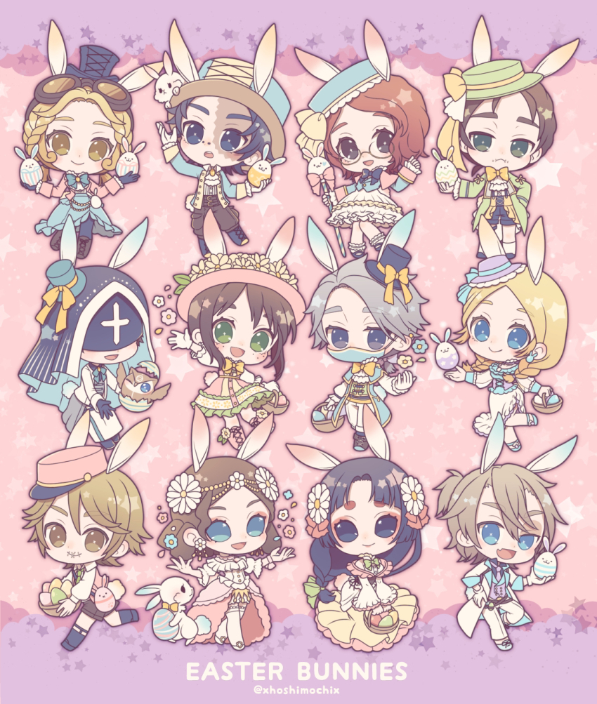 6+boys 6+girls :d aesop_carl alternate_costume animal animal_ears animal_on_head anne_lester arm_up bare_shoulders basket belt bird black_eyes black_gloves blindfold blonde_hair blue_eyes bow braid brown_eyes brown_hair chibi closed_mouth collared_shirt cross cross_print dress earrings easter easter_egg egg eli_clark emma_woods eyeshadow fake_animal_ears fang flower freckles gloves goggles goggles_on_head green_eyes grey_hair hair_flower hair_ornament hand_on_own_hip hat hat_bow helena_adams highres holding holding_staff identity_v jewelry leg_up long_hair low_ponytail luca_balsa makeup mary_(identity_v) mask medium_hair michiko_(identity_v) mini_hat mini_top_hat mole mole_under_eye mouth_mask multiple_boys multiple_girls naib_subedar neck_ribbon necktie norton_campbell on_head open_mouth owl pink_necktie ponytail rabbit rabbit_ears red_eyeshadow red_hair ribbon shirt short_hair shorts skin_fang sleeveless smile staff stitched_mouth stitches top_hat tracy_reznik twitter_username veil victor_grantz white_gloves yunoichi-hoshiduki