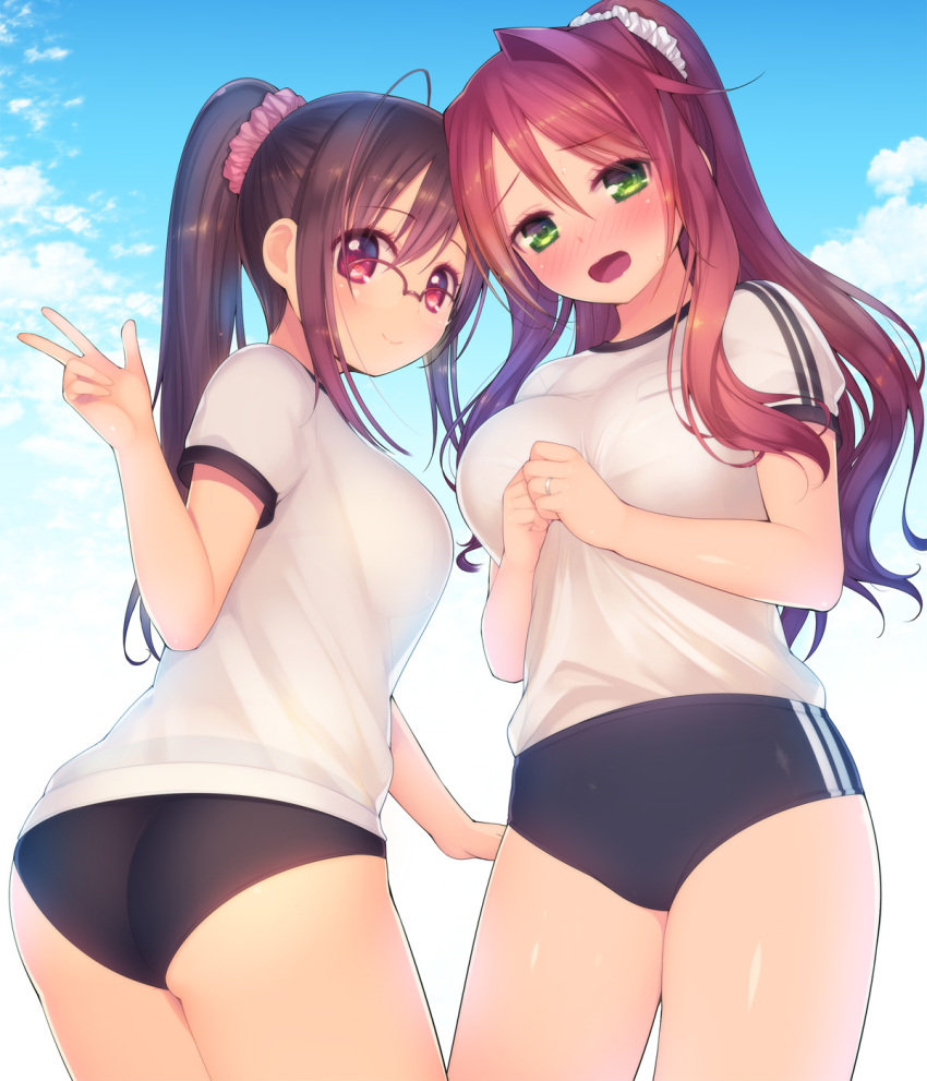 2girls ahoge arima_kanae arima_senne ass blush bra breasts brown_hair buruma embarrassed glasses green_eyes gym_uniform hair_ornament hair_scrunchie highres jewelry kashiwamochi_yomogi large_breasts long_hair looking_at_viewer mature_female mother_and_daughter multiple_girls open_mouth original pink_hair ponytail red_eyes ring scrunchie see-through_clothes see-through_silhouette underwear wavy_mouth wedding_band