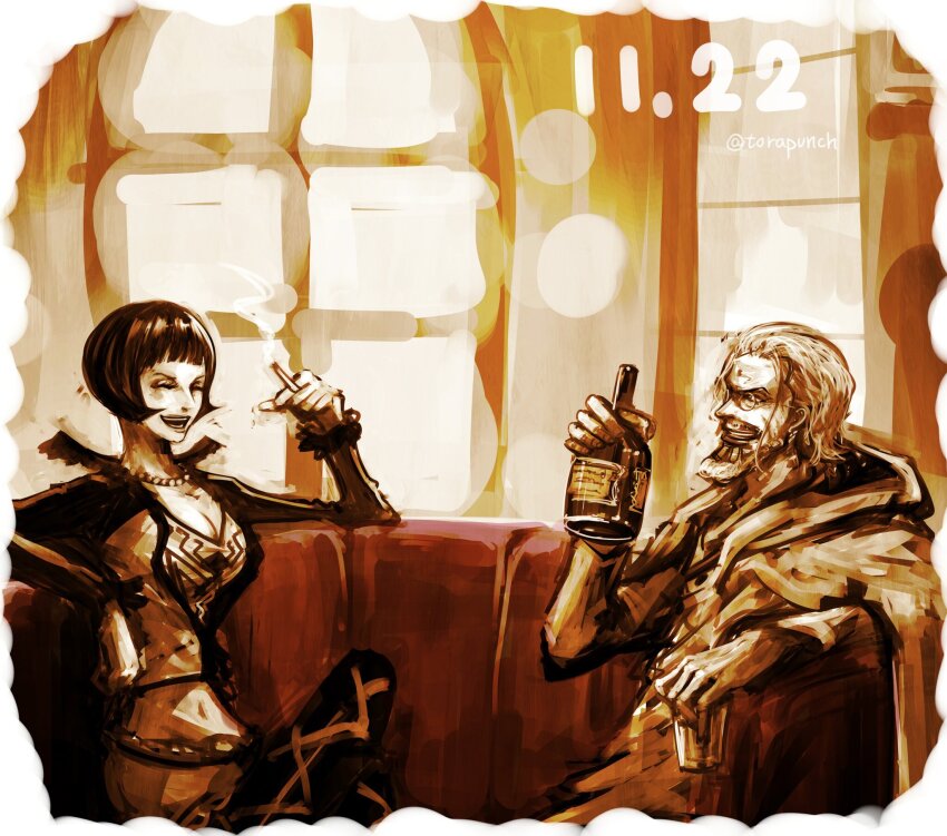 1boy 1girl beard bottle cape cigarette closed_eyes commentary_request crop_top crossed_legs cup dated facial_hair glasses highres holding holding_bottle holding_cigarette holding_cup indoors jewelry long_hair loose_hair_strand necklace one_piece shakuyaku_(one_piece) short_hair silvers_rayleigh sitting smile smoke torapunch twitter_username v-shaped_eyebrows window