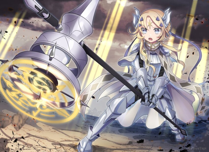 1girl armor blonde_hair blue_eyes braid cape cloud cloudy_sky dark_clouds dogmatika_ecclesia_the_virtuous duel_monster ecclesia_(yu-gi-oh!) facial_mark forehead_mark hair_ornament hammer holding holding_hammer holding_weapon lower_teeth_only open_mouth pinyata_(pinyaland) sky solo stigmata teeth war_hammer weapon yu-gi-oh!