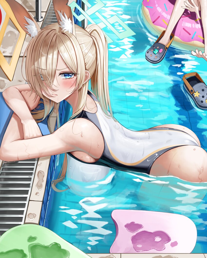 1girl absurdres animal_ear_fluff animal_ears ass bent_over black_one-piece_swimsuit blonde_hair blue_archive blue_eyes blue_halo blush breasts closed_mouth commentary dog_ears from_side hair_over_one_eye halo hashtag-only_commentary high_ponytail highres hsxxx kanna_(blue_archive) large_breasts long_hair looking_at_viewer looking_to_the_side one-piece_swimsuit out_of_frame ponytail poolside swimsuit two-tone_one-piece_swimsuit very_long_hair wet white_one-piece_swimsuit