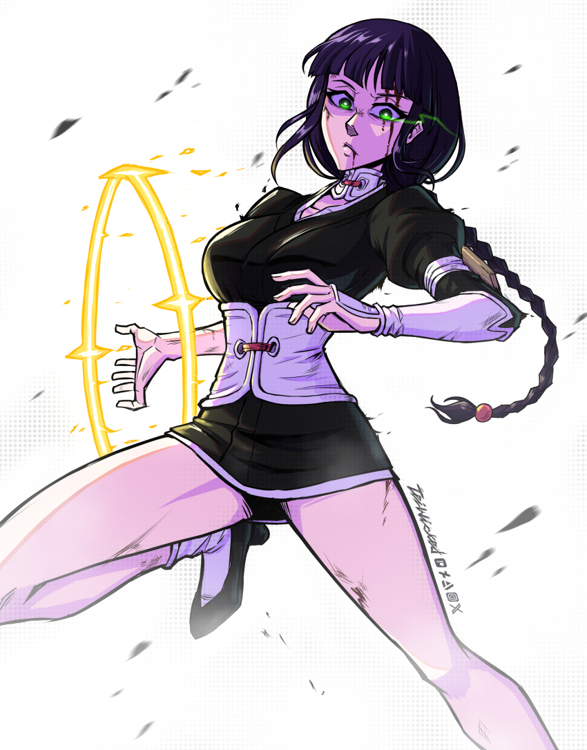 1girl absurdres artist_name black_shoes bleach bleach:_sennen_kessen-hen blood blood_on_face braid breasts choker clip_studio_paint_(medium) corset green_eyes hair_ribbon high_heels highres injury jumping kurotsuchi_nemu long_braid long_hair long_sleeves looking_down medium_breasts purple_hair red_ribbon ribbon shihakusho shinigami shoes single_braid socks solo teiwicked white_background white_choker white_corset white_socks