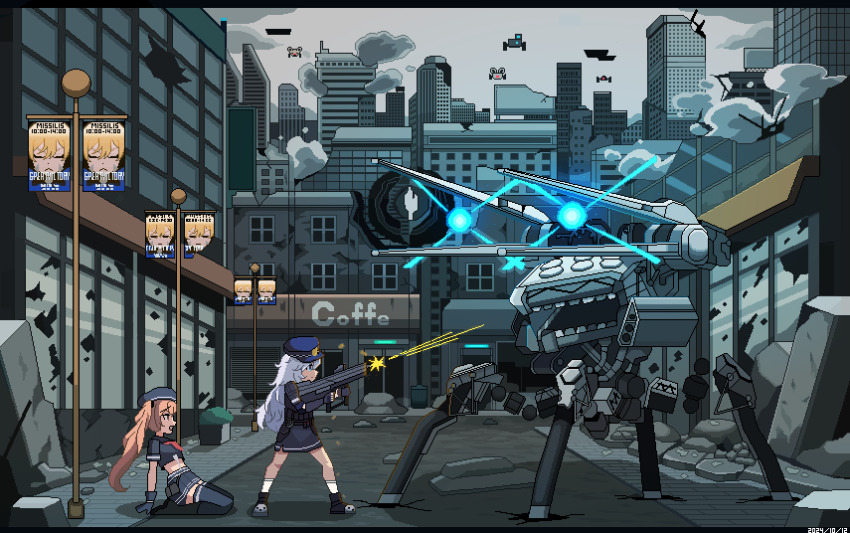 2girls a.c.p.u._(nikke) broken_glass brown_hair burning burning_building firing glass goddess_of_victory:_nikke gun hat highres holding holding_gun holding_weapon kneeling long_hair miranda_(nikke) multiple_girls navel pixel_art pleated_skirt poli_(nikke) police police_hat police_uniform rapture_(nikke) rifle short_sleeves skirt smoke sugiyamasama twintails weapon white_hair