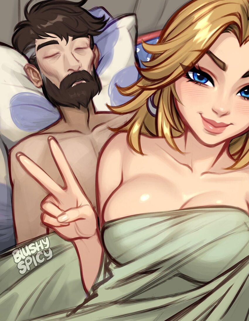 1boy 1girl aftersex bed_sheet blonde_hair blue_eyes blushyspicy breasts couple exhausted fantastic_four guy_tired_after_sex_(meme) head_on_pillow hetero highres husband_and_wife large_breasts marvel marvel_rivals meme naked_sheet nude on_bed pillow reed_richards satisfied selfie smile sue_storm under_covers v