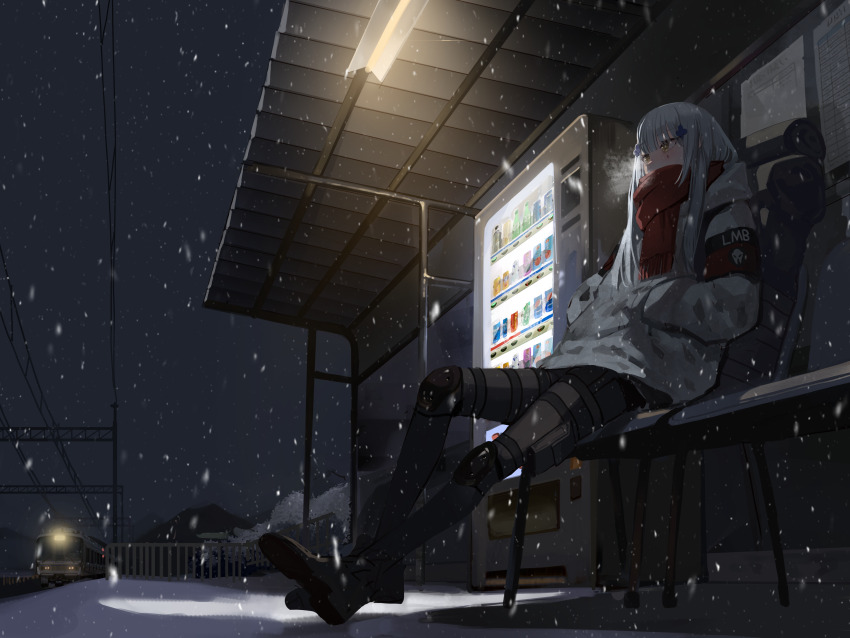 1girl absurdres black_pants blood blood_on_face blush cable camouflage ceiling_light chair clear_sky clover_hair_ornament coat enpera full_body girls&#039;_frontline grey_sky hair_ornament hands_in_pockets highres hk416_(fang)_(girls&#039;_frontline) hk416_(girls&#039;_frontline) last_man_battalion long_hair long_sleeves looking_away mountainous_horizon night on_chair outdoors pants red_scarf scarf seorang sidelocks sitting sky snow snow_camouflage snowing solo tom_clancy&#039;s_the_division train white_coat white_hair winter yellow_eyes