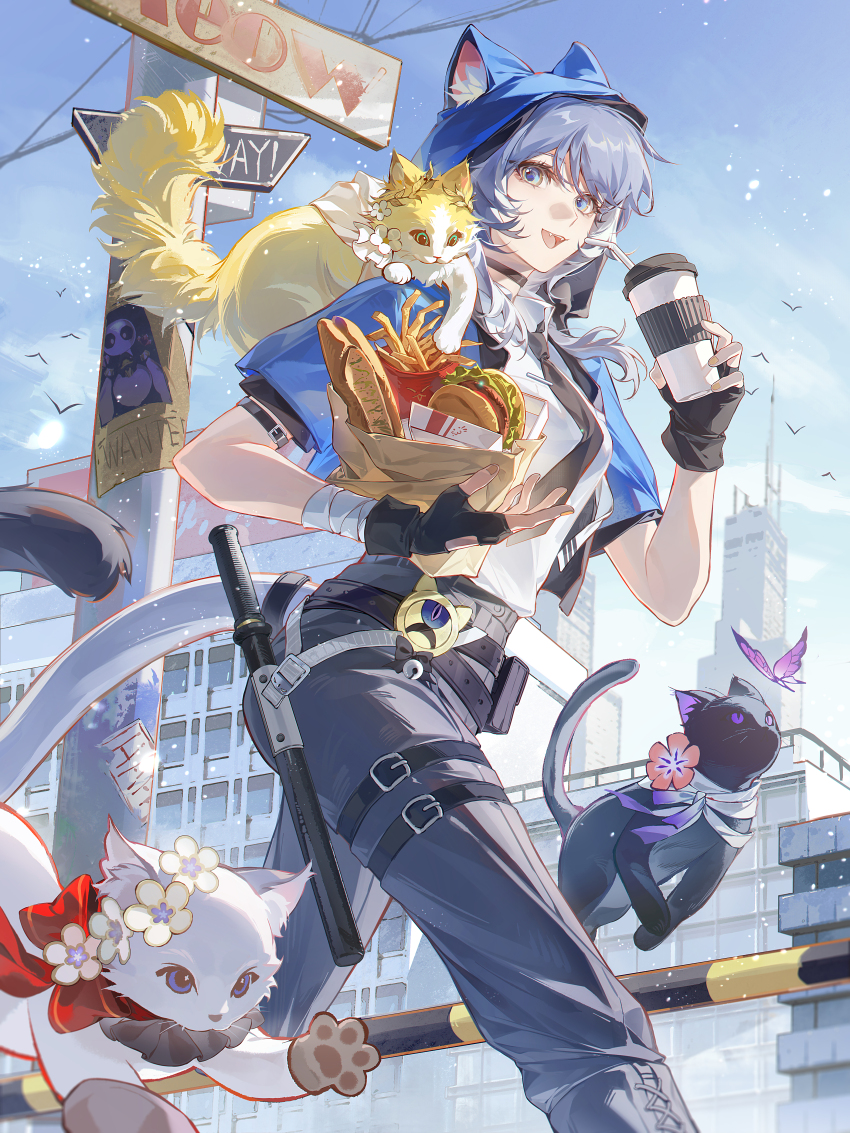 1girl absurdres aglaea_(honkai:_star_rail) alternate_costume animal animal_ears animal_on_shoulder animalization bag baguette black_cat black_gloves black_necktie black_pants blue_eyes blue_jacket blue_sky bread breasts building burger castorice_(honkai:_star_rail) cat cat_ears cat_girl cat_tail chinese_commentary cipher_(honkai:_star_rail) commentary_request cup disposable_cup fingerless_gloves food french_fries gloves grey_hair highres holding holding_bag holding_cup honkai:_star_rail honkai_(series) jacket medium_breasts necktie official_art outdoors pants road_sign sanyue_qiushi second-party_source shirt short_hair_with_long_locks sign sky skyscraper tail tribbie_(honkai:_star_rail) white_cat white_shirt yellow_cat