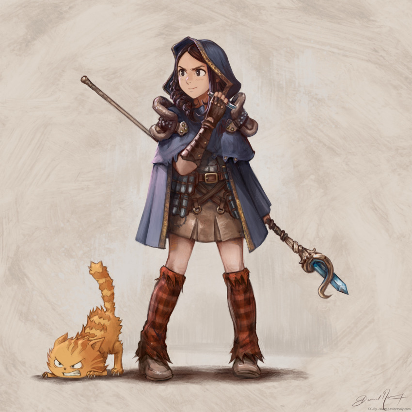 1girl animal belt blue_cloak brown_gloves brown_hair brown_skirt cat cloak david_revoy fingerless_gloves frown full_body gloves highres holding holding_staff hood hood_up hooded_cloak krita_(medium) looking_to_the_side medium_hair pepper&amp;carrot pepper_(pepper&amp;carrot) plaid_clothes plaid_socks red_cat red_socks shoulder_pads signature skirt socks staff standing