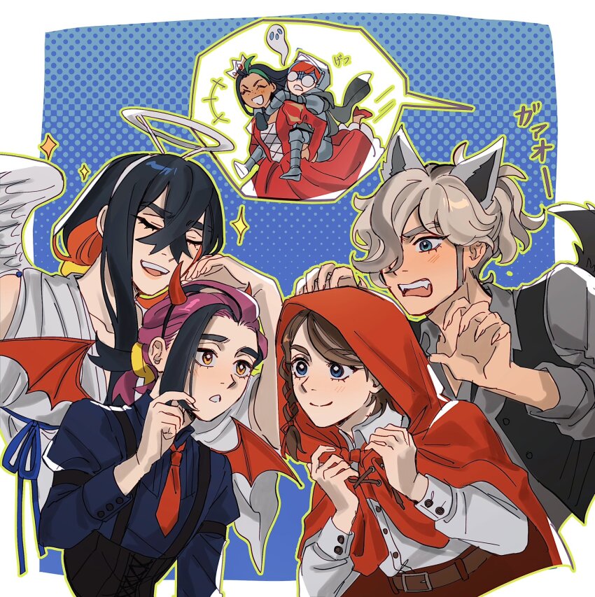2boys 4girls alternate_costume animal_ears arven_(pokemon) belt black_hair black_vest brown_belt carmine_(pokemon) closed_mouth eyelashes fake_halo grey_shirt halo hand_up hands_up highres hood hood_up juliana_(pokemon) kieran_(pokemon) multicolored_hair multiple_boys multiple_girls necktie nemona_(pokemon) nintendo open_mouth penny_(pokemon) pokemon pokemon_sv purple_hair red_necktie seirorath shirt smile sparkle teeth translation_request two-tone_hair upper_teeth_only vest wings