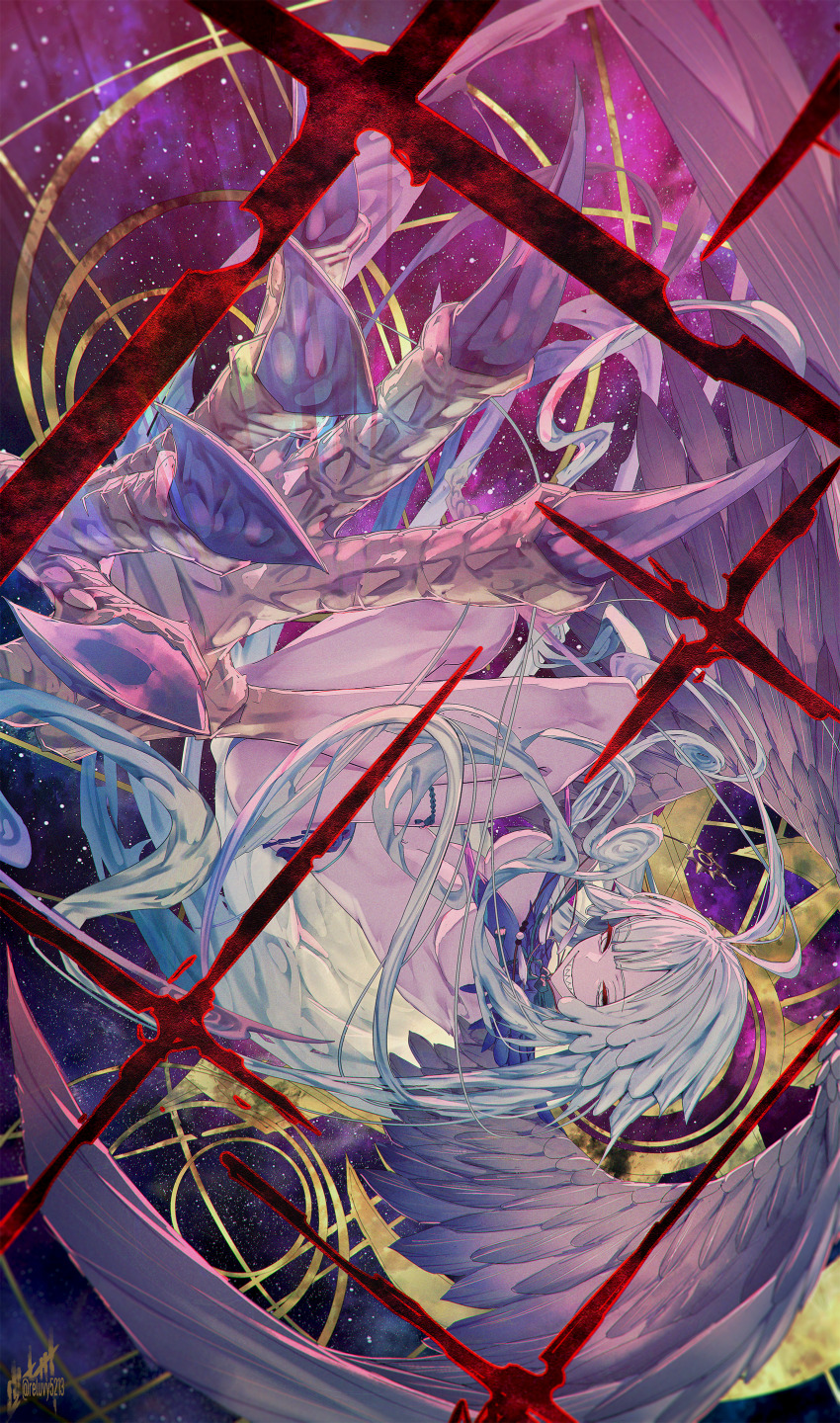 1girl absurdres ahoge bird_legs breasts brown_feathers brown_wings fate/grand_order fate_(series) feathered_wings feathers green_hair harpy highres huge_ahoge jewelry large_breasts long_hair looking_at_viewer louhi_(fate) louhi_(third_ascension)_(fate) monster_girl necklace reluvy sharp_teeth smile solo talons teeth tooth_necklace upside-down white_eyes winged_arms wings