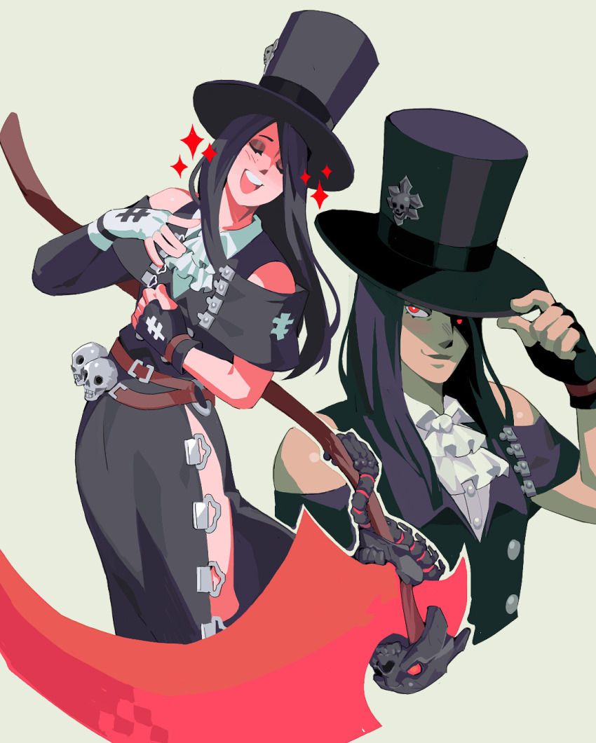 1other ascot asymmetrical_gloves bare_shoulders black_gloves black_hair closed_eyes closed_mouth cylinder gloves guilty_gear hat highres holding holding_scythe looking_at_viewer open_mouth scythe simple_background skull smile solo sorrysap teeth testament_(guilty_gear) white_ascot white_background