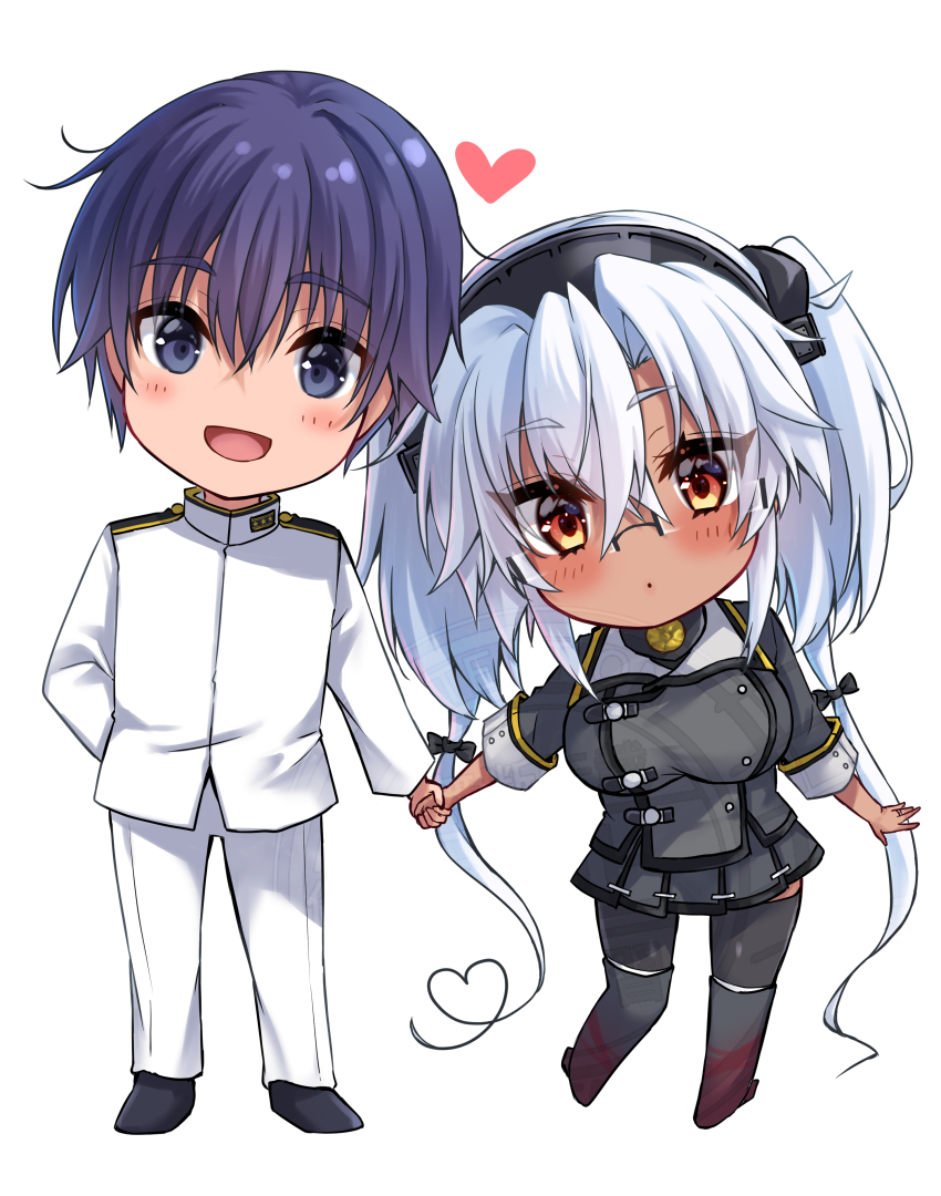 1boy 1girl absurdres admiral_(kancolle) black_thighhighs blush breasts chibi commentary_request couple crossed_bangs dark-skinned_female dark_skin glasses hair_between_eyes headgear heart heart-shaped_hair highres holding_hands kantai_collection large_breasts long_hair long_sleeves mashiro_yukiya military_uniform musashi_(kancolle) musashi_kai_ni_(kancolle) naval_uniform pants purple_hair thighhighs very_long_hair white_hair white_pants
